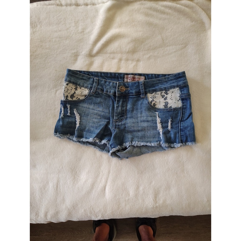 Iris Jeans Womens Medium Wash Distressed Denim Shorts Lace Inset Cut‎ Off Size M